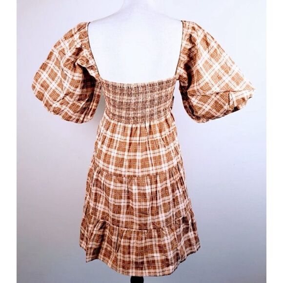 New Faithfull The Brand Eryn Mini Dress in Lori Check Print Dress Brown Plaid 4 - Picture 6 of 7